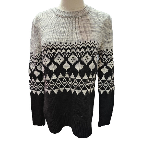 Banana Republic Black White Fair Isle Italian Yarn Sweater Alpaca Wool Sz M - Picture 1 of 4